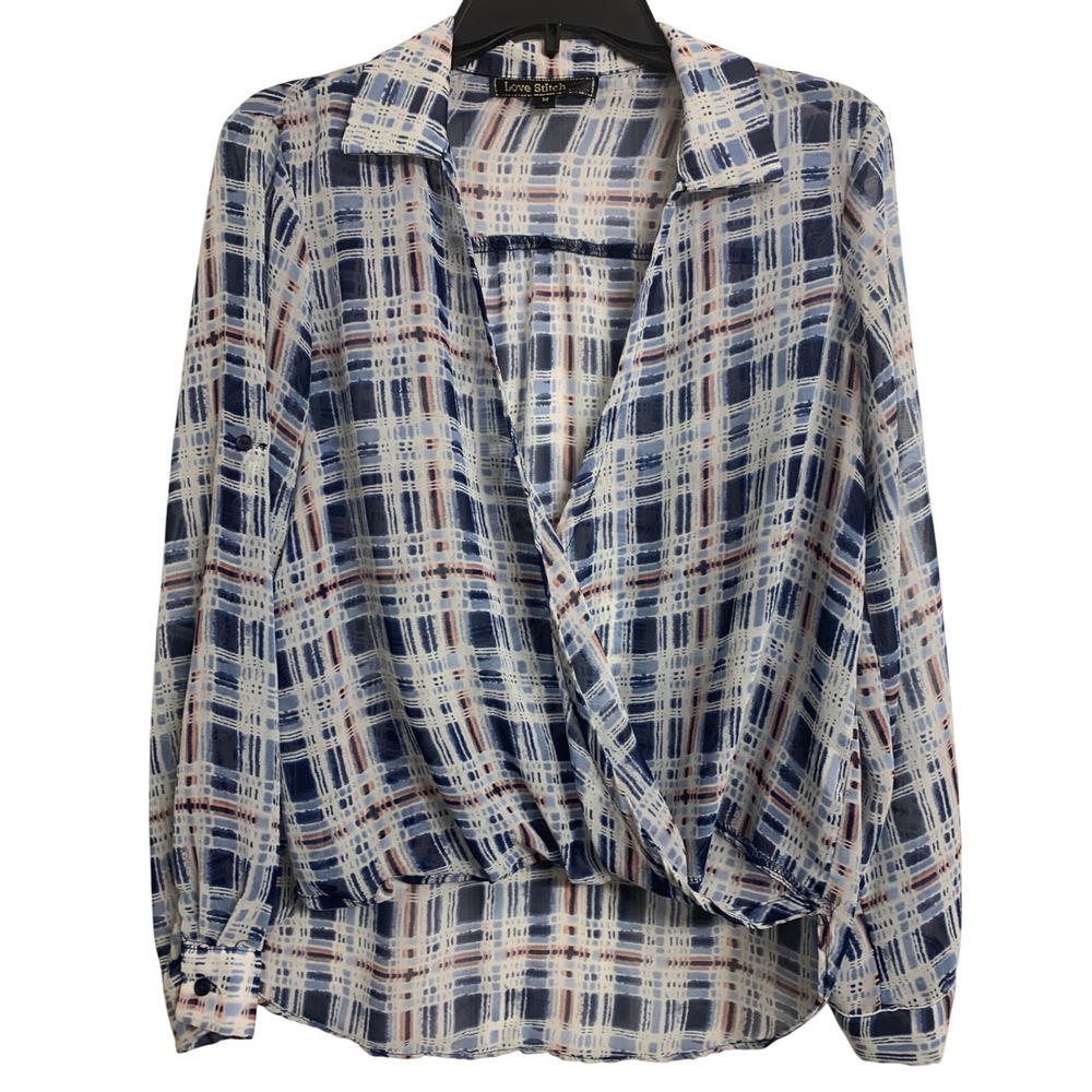 Love Stitch Blue Plaid Surplice Roll Tab Sleeve High Low Blouse Womens Medium